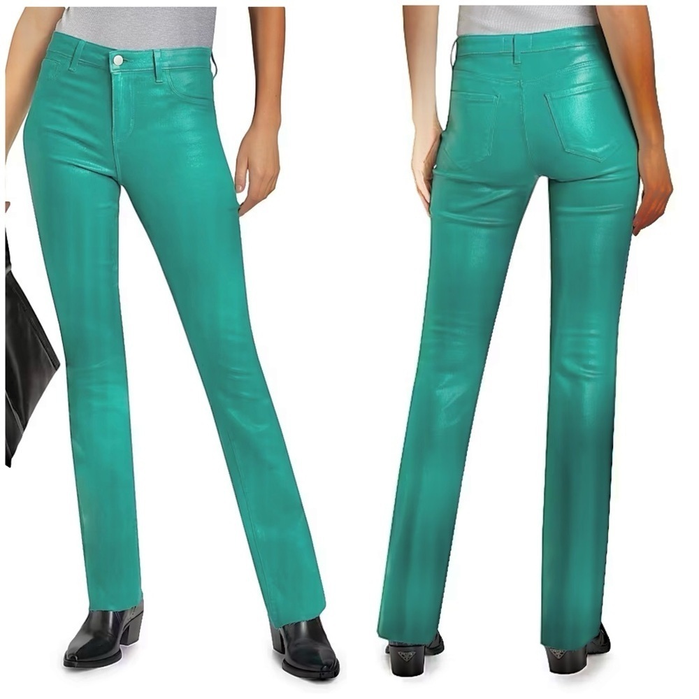New L’Agence Ruth High Rise Straight Leg Jeans Teal Coated Sample Sz 25